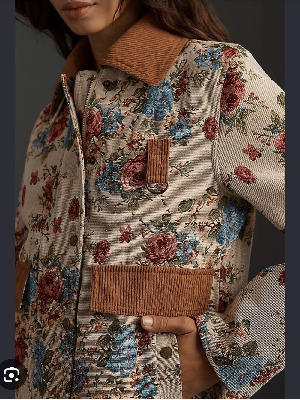 Avec Les Filles Cream Floral Chore Jacket with Brown Corduroy Trim - Picture 9 of 10